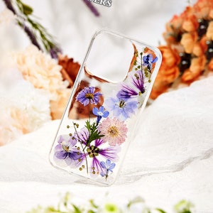 Gepresste getrocknete lila Hortensie Blume Handytasche für iPhone 16e 16 15 14 pro max, Google Pixel 8 9A, Samsung S25 Edge S24 Ultra A06 A36 Hülle