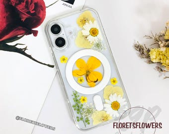 Pressed Real Yellow Flower Phone Case for iPhone Air 17e 16 15 14 13 Pro Max,Samsung S26 Ultra S25 A55 Z Flip 8,Google pixel 9A 10 Pro XL
