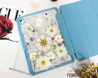Pressed White Flower Case for iPad Air 11" 13" 2026,iPad Pro 11" 13" 2025,iPad 12th 11th Gen,iPad Pro 12.9" Mini 7 2024,iPad Air 6 5 Case