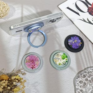 Circular ring pressed flower MagSafe phone grip for all angles,custom name phone grip,metal foldable phone holder,vertical or horizontal