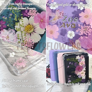 K&ouml;nnte beinhalten: Transparente Handyh&uuml;llen mit gepressten Blumen und gold- oder silberfarbenen Buchstaben. Die H&uuml;llen bestehen aus bernsteinfarbenem Harz und weisen eine Vielzahl farbenfroher Blumen auf. Die H&uuml;llen sind in mehreren Farben erh&auml;ltlich und haben einen Airbag-Rahmen.