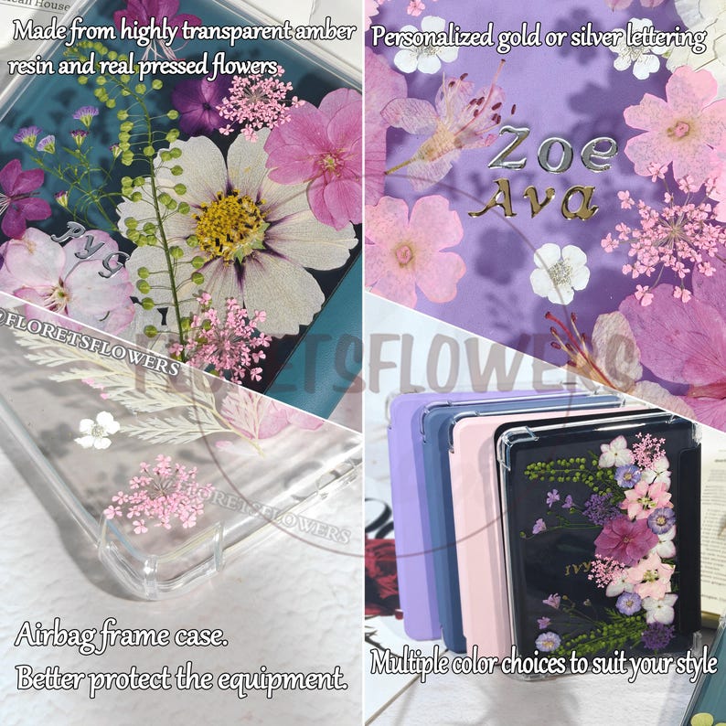 K&ouml;nnte beinhalten: Transparente Handyh&uuml;llen mit gepressten Blumen und gold- oder silberfarbenen Buchstaben. Die H&uuml;llen bestehen aus bernsteinfarbenem Harz und weisen eine Vielzahl farbenfroher Blumen auf. Die H&uuml;llen sind in mehreren Farben erh&auml;ltlich und haben einen Airbag-Rahmen.