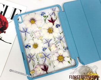 Pressed real white flower iPad case with pen slot for iPad Pro Air 11" 13" 2026,iPad Air 6 5 4 case,iPad 12th 11th 10th gen,iPad mini 7 2024
