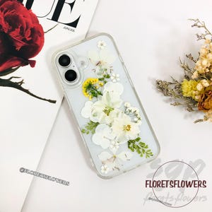 iPhone 17 16e 16 15 14 13 Pro Max、Samsung S23 S24 S25 Edge A06 A56、Google Pixel 8 9A 9 10 Pro XL Fold用ホワイト押し花電話ケース