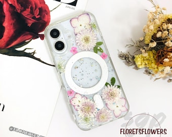 Pressed Flower Phone Case with Glitter for iPhone Air 17e 16 15 14 13 Pro Max,Samsung S26 Ultra S25 A55 Z Flip 7FE,Google pixel 9A 10 Pro XL