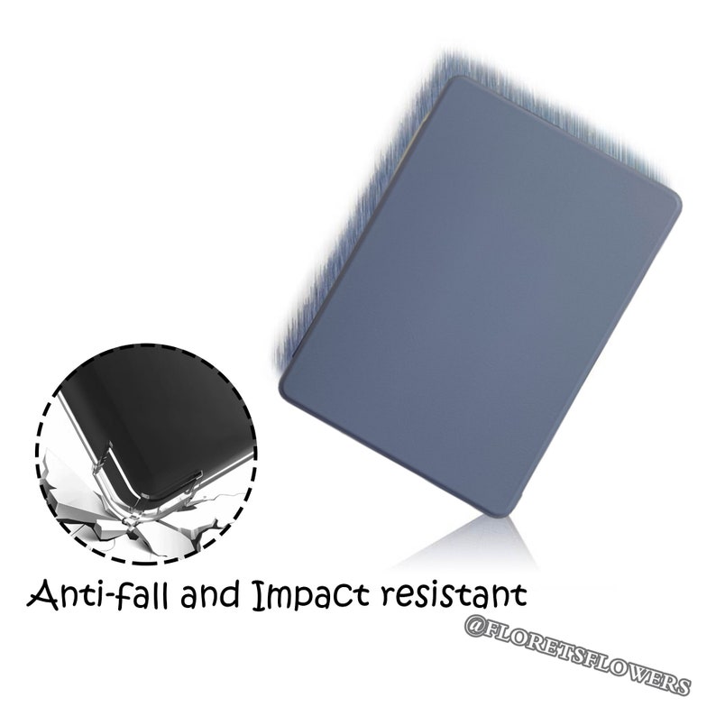 K&ouml;nnte beinhalten: Eine schieferblaue Tableth&uuml;lle mit abgerundeten Ecken. Das Bild enth&auml;lt den Text "Anti-fall and Impact resistant" und den Instagram-Handle "@FLORETSFLOWERS". Eine transparente H&uuml;lle wird mit einer zerbrochenen Ecke gezeigt.
