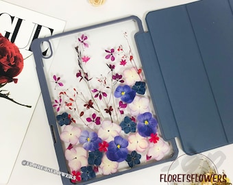 Puple Flap Pressed Flower Case for iPad Air 11" 13" 2026,iPad Pro 11" 13",iPad 12th 11th Gen,iPad Pro 12.9" Mini 7 2024,iPad Air 6 5 case