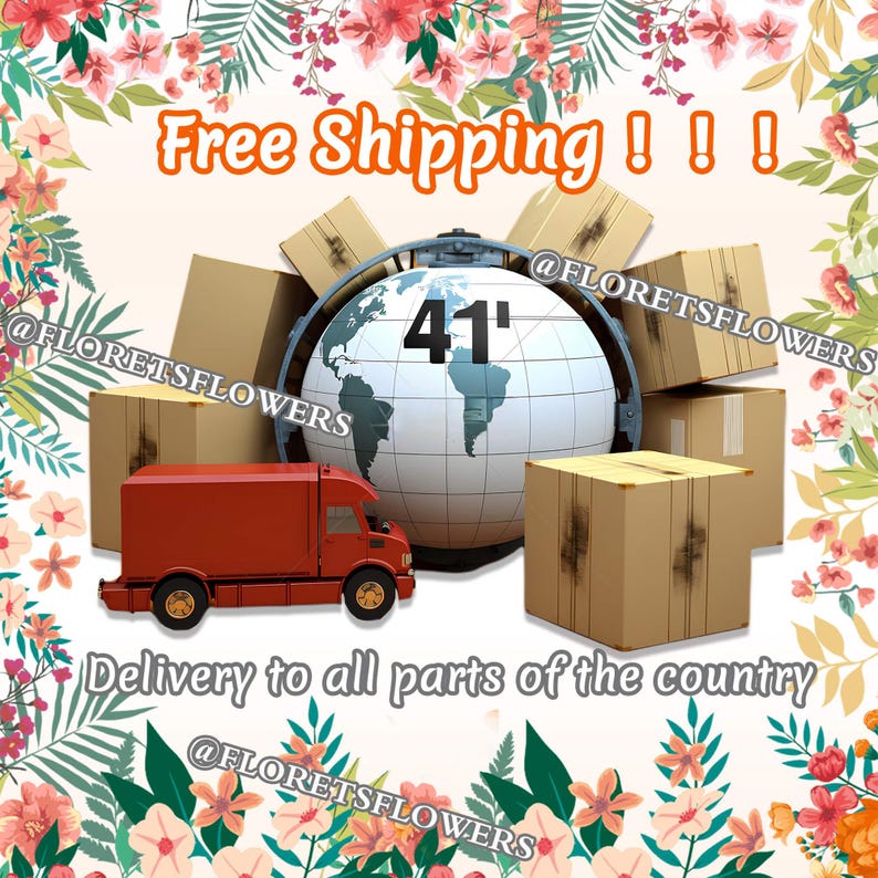 K&ouml;nnte beinhalten: Bild mit dem Text "Free Shipping!!!" und "Delivery to all parts of the country." Ein roter Lieferwagen steht vor einem Globus mit der Zahl "41" darauf. Mehrere Pappkartons sind ebenfalls vorhanden.