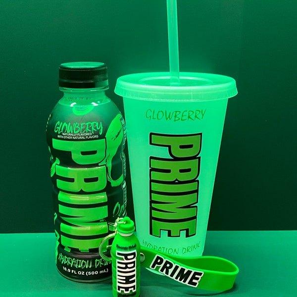 Prime Hydration Glowberry, Prime Green Keyring & Prime Glowberry Plastic Cup Bundle USA Import Handmade