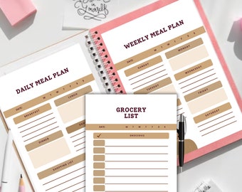 Printable Meal Planner, Daily Meal Planner, Weekly Meal Planner, Monthly Meal Planner, Shopping list, Grocery List, Meal Prep Planner.