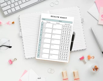 May include: A printable health habit tracker with sections for meal planning, workouts, and water intake. The tracker is designed for one week and includes a space for the month and week number.