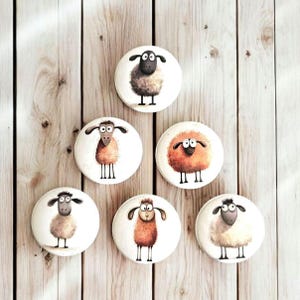 Könnte beinhalten: Ein Set aus sechs runden, weißen Knöpfen, die jeweils mit einer individuellen Schaf-Illustration versehen sind. Die Schafe variieren in den Farben Braun, Beige und Creme und zeigen jeweils einen eigenen Gesichtsausdruck mit großen Augen und schwarzen Ohren.