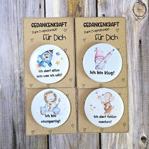 Affirmationskarten für Kinder als Button,  Mutmachkarten für Kinder mit niedlichen Motiven als Set oder einzeln, Positives Denken für Kinder