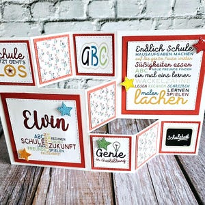 Große faltbare Karte zur Einschulung mit Namen und Umschlag, Pop-up Karte Einschulung, Glückwunschkarte Einschulung