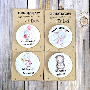 Affirmationskarten für Kinder als Button,  Mutmachkarten für Kinder mit niedlichen Motiven als Set oder einzeln, Positives Denken für Kinder