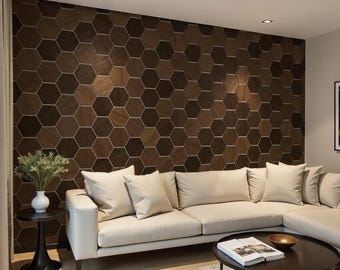 May include: A white sectional sofa with a brown hexagonal wall behind it. The sofa is in a living room setting with a coffee table and a side table.