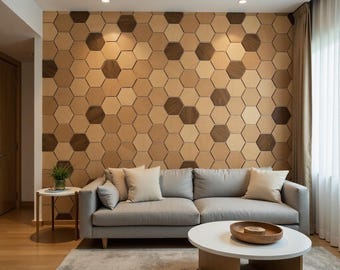 May include: A gray sofa with white pillows sits in front of a wall covered in hexagonal wood panels. The panels are a mix of light and dark wood tones. A white coffee table sits in front of the sofa.