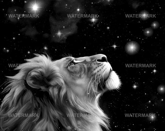 Lion looking up at the Stars - Laser Engrave File, PNG For Engraving on to Slate or Wood, Glowforge, XTool, Lightburn, Digital Laser File.