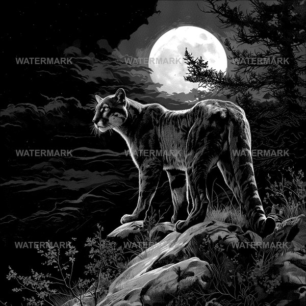 Cougar with a Full Moon - Mountain Lion and Moon - Laser Engrave File, PNG For Engraving on to Slate or Wood, Glowforge, XTool, Lightburn.