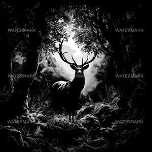 Stag in Moonlight Forest - Deer in Moonlit Forest - Laser Engrave File, PNG For Engraving on to Slate or Wood, Glowforge, XTool, Lightburn.