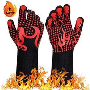BBQ Gloves 1472 Degrees Extreme Heat Resistant Protective Mitts with Silicone Non-Slip Grip for BBQ Cooking & Baking - Size Med to XL