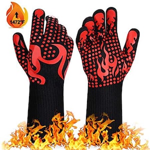 BBQ Gloves 1472 Degrees Extreme Heat Resistant Protective Cooking Gloves and Oven Mitts with Silicone Non-Slip Grip - Size Med-XL-Red & Blue