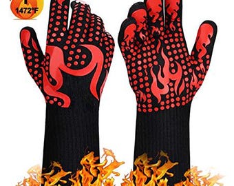 BBQ Gloves 1472 Degrees Extreme Heat Resistant Protective Cooking Gloves and Oven Mitts with Silicone Non-Slip Grip - Size Med-XL-Red & Blue