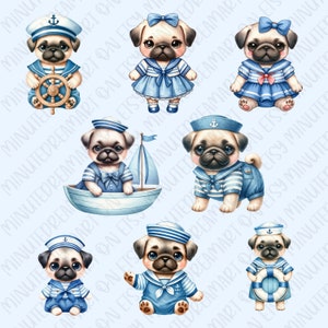 May include: A set of seven watercolor illustrations of pugs dressed in sailor outfits. The pugs are wearing blue and white striped shirts, sailor hats, and some are holding nautical accessories like a life preserver and a sailboat. The illustrations are on a light blue background.