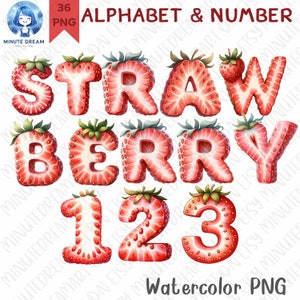 Erdbeere Alphabet Buchstaben, Erdbeere PNG, rote Beerenfrucht, Aquarell Sublimation, A-Z, 0-9, Herz, Vitamin C