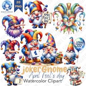 以下が含まれることがあります： エイプリルフールのための道化師に扮したノームを描いた水彩クリップアート画像20点セット。ノームはカラフルな帽子をかぶり、道化師の衣装を着て、「エイプリルフール」と書かれた看板や風船を持っています。
