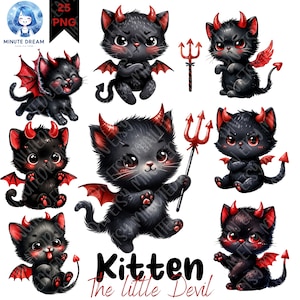 Puede incluir: Un conjunto de 25 imágenes de clipart digitales que presentan adorables gatitos negros vestidos como pequeños diablos con cuernos, alas y colas rojas. Los gatitos están en varias poses, incluyendo sentados, de pie y sosteniendo un tridente.