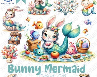 Bunny Mermaid Easter Clipart, Easter Egg Day, Watercolor Sublimation, underwater png,  rabbit mermaid png, Scrapbooking, gift for kid