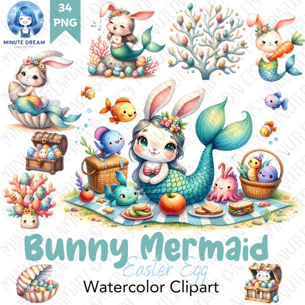Bunny Mermaid Easter Clipart, Easter Egg Day, Watercolor Sublimation, underwater png,  rabbit mermaid png, Scrapbooking, gift for kid
