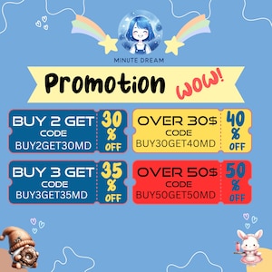 May include: A colorful graphic with a cartoon character and text that reads "MINUTE DREAM Promotion wow!"  There are four coupon codes with discounts for buying multiple items. The codes are BUY2GET30MD for 30% off, BUY30GET40MD for 40% off, BUY3GET35MD for 35% off, and BUY50GET50MD for 50% off.