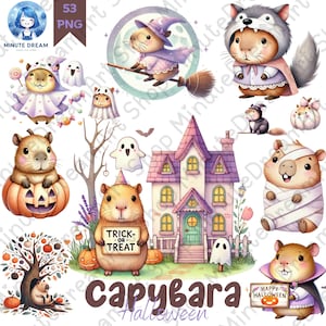 Cute Halloween Capybara Clipart, Pastel Spooky Autumn Animal png, Watercolor Sublimation, Kawaii Ghost Pumpkin Witch