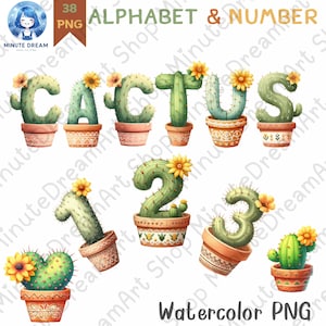 Alfabeto y números de cactus PNG, Clipart de letras suculentas, Verano, Sublimación de acuarela, A-Z, 0-9, Macetas de terracota estilo bohemio