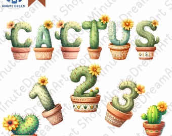 Cactus Alphabet & Numbers PNG: Watercolor Succulent Letter Clipart (Digital Download)