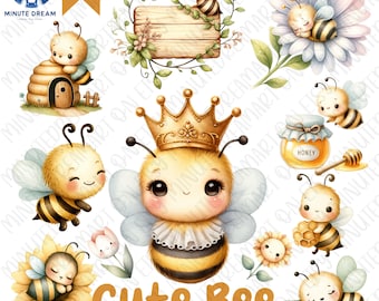 Niedliche Biene Clipart, kleine Tiere png, süße Honigbiene Clipart, Blume, Rebe, Aquarell Sublimation, Sonnenblume, Tulpe, Honigwabe, Garten