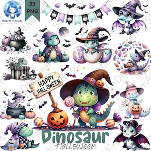 Cute Halloween Dinosaur Clipart, Pastel Witch and Vampire Dino png, Watercolor Sublimation, Pumpkins, Candy, Bat and Magic Cauldron