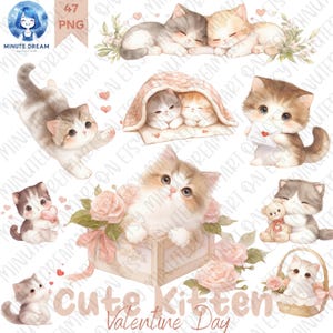 Gatito para San Valentín, pareja de gatos bebés, lindo gato PNG, gato de San Valentín, sublimación de acuarela, clipart de pareja de animales, regalo de amor, rosa