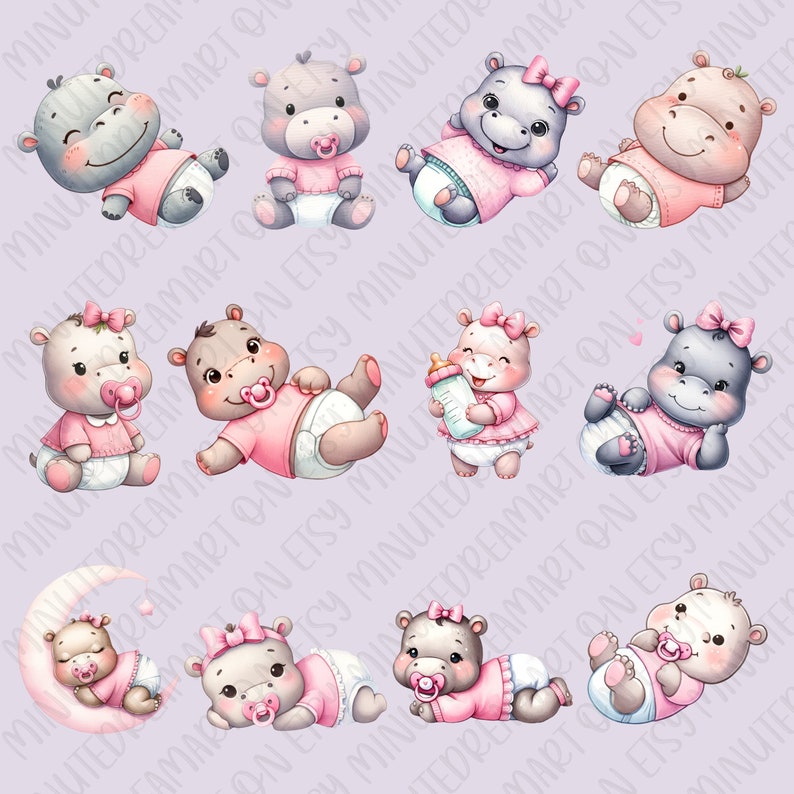 Op de afbeelding: Negen digitale illustraties van baby-nijlpaarden die roze en witte kleding dragen. De nijlpaarden staan in verschillende poses, waaronder zittend, liggend en een fles vasthoudend. De illustraties zijn op een lichtpaarse achtergrond.