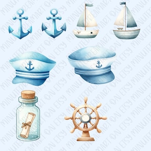 May include: A set of watercolor illustrations featuring nautical themes. The set includes two anchors, two captain's hats, a sailboat, a ship, a bottle with a rolled up message inside, and a ship's wheel.