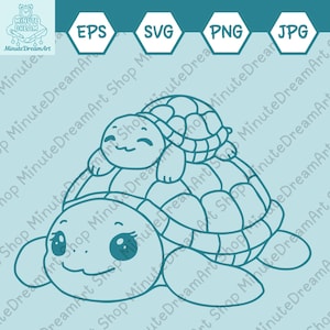 Joli bébé tortue sur la carapace de maman SVG, dessin au trait tortue Kawaii, baby shower, PNG, JPG, fichier de coupe pour Cricut, tortue de mer, fête des mères