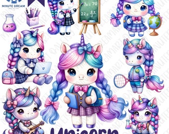 Cute Unicorn Clipart, Wear a school uniform, back to school png, watercolor sublimation, gift for kid, animal School Students Clipart