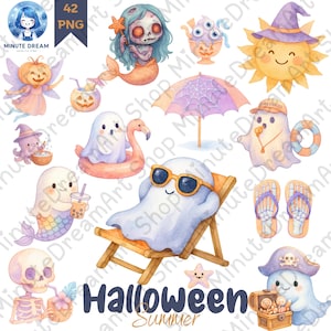 Spooky Summer Halloween Clipart, Cute Pastel Ghosts png, Watercolor Sublimation, Pumpkin Ice Cream, Beach Witch, Boo Party in Tropical