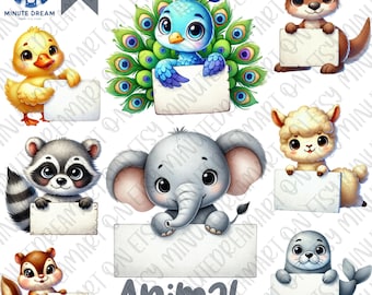 Baby Animals Holding Signs Clipart: Watercolor PNG Set (Digital Download)