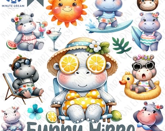 Funny Hippo Clipart: Summer Beach Watercolor PNG (35 Files)