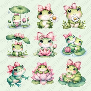May include: Nine illustrations of cute cartoon frogs wearing pink bows. Some frogs are holding flowers, some are under umbrellas, and some are sitting on lily pads. The illustrations are on a light green background.