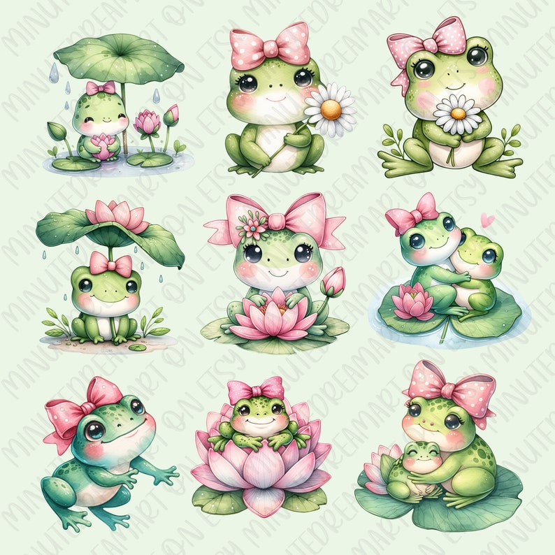 May include: Nine illustrations of cute cartoon frogs wearing pink bows. Some frogs are holding flowers, some are under umbrellas, and some are sitting on lily pads. The illustrations are on a light green background.