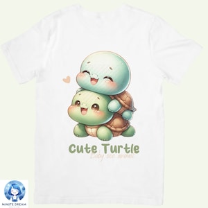 May include: White t-shirt with a graphic of two cute cartoon turtles. The top turtle is light blue and the bottom turtle is green. The text "Cute Turtle Baby sea animal" is printed below the turtles.
